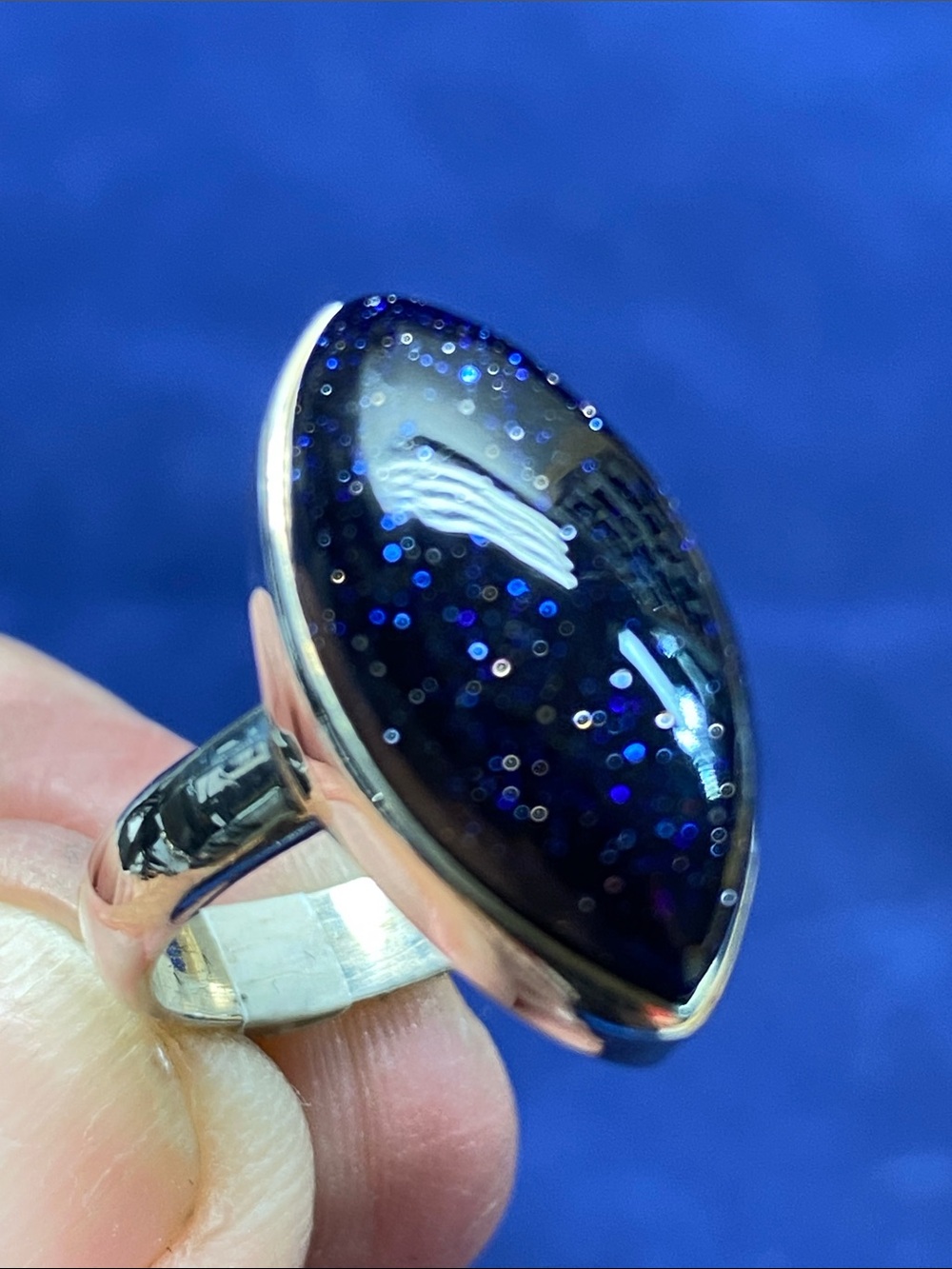 Sterling Silver Blue Sun Star Marquise  Ring Size 6